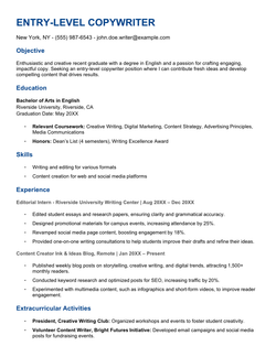 Example of a copywriter resume written by a candidate with minimal work experience