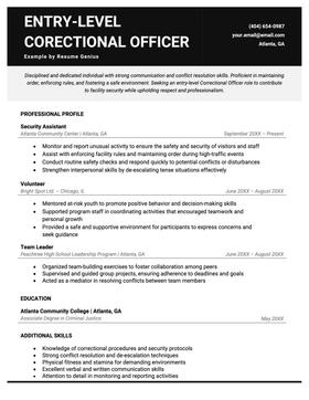 Entry-level correctional officer resume example and template