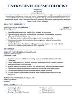 An entry-level cosmetology resume example using a template with blue headers.