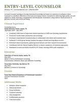 A resume for an entry-level counselor on a template with green headers.