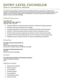 A resume for an entry-level counselor on a template with green headers.