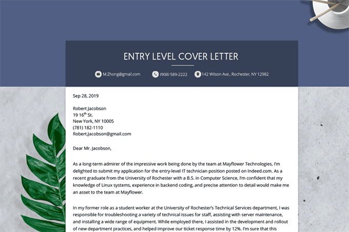 job cover letter examples entry level