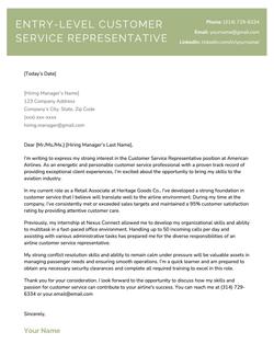An entry-level customer service cover letter on a green template.