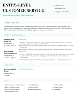 An entry level customer service resume example.