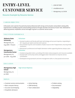 An entry level customer service resume example.