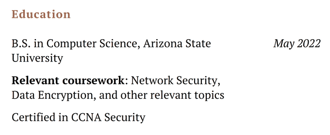 An example of an entry level cybersecurity resume's education section