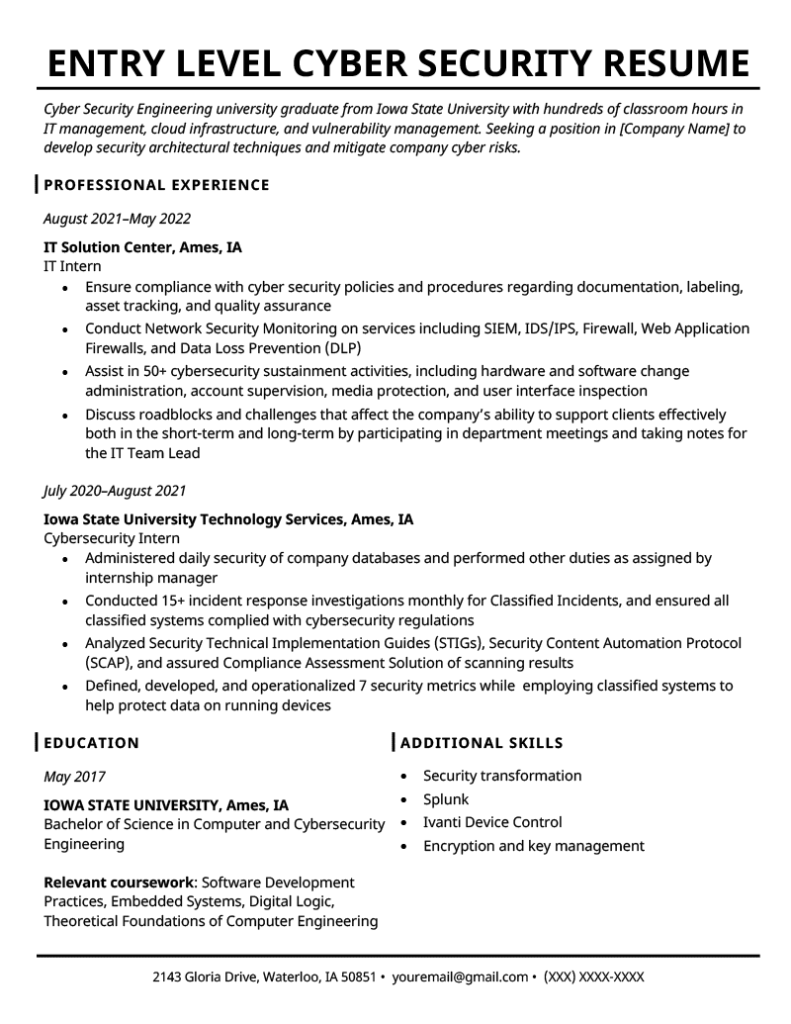 resume for entry level security