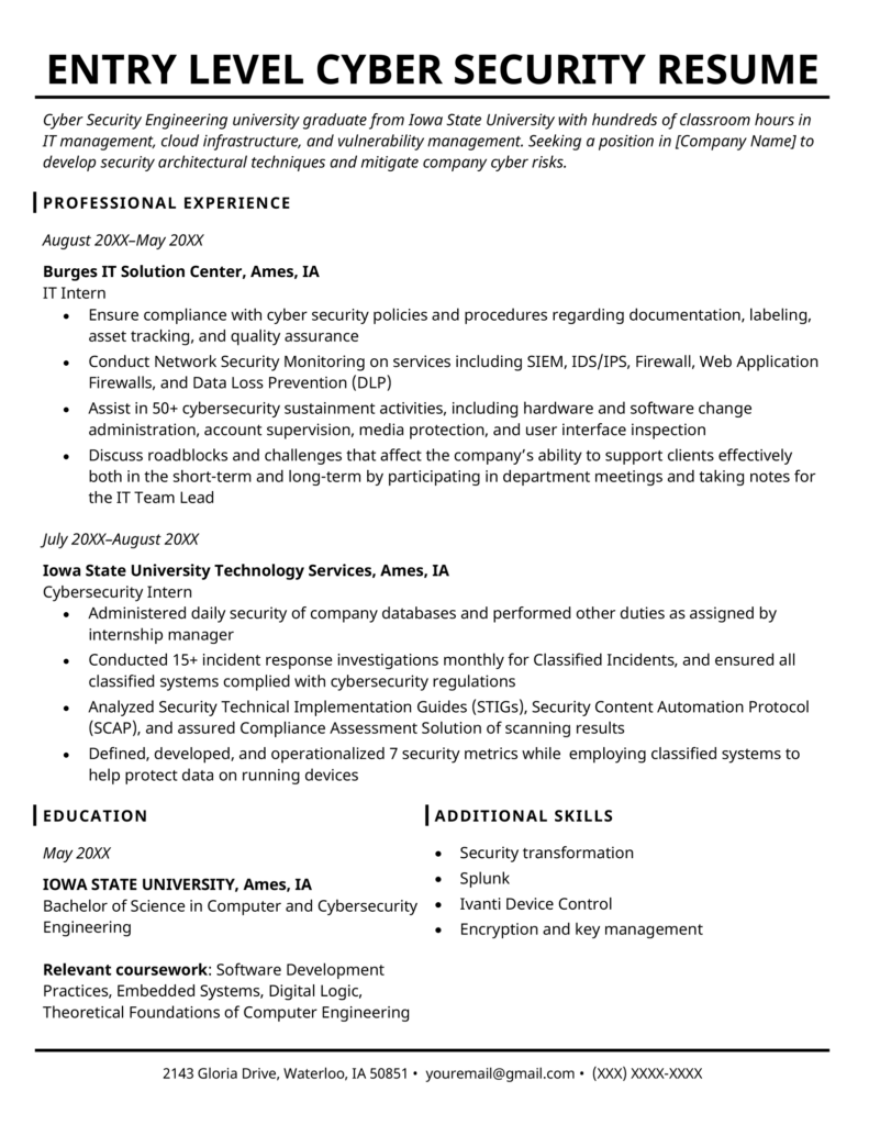 entry level cyber security resume summary