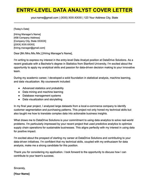 An example cover letter for an entry-level data analyst.