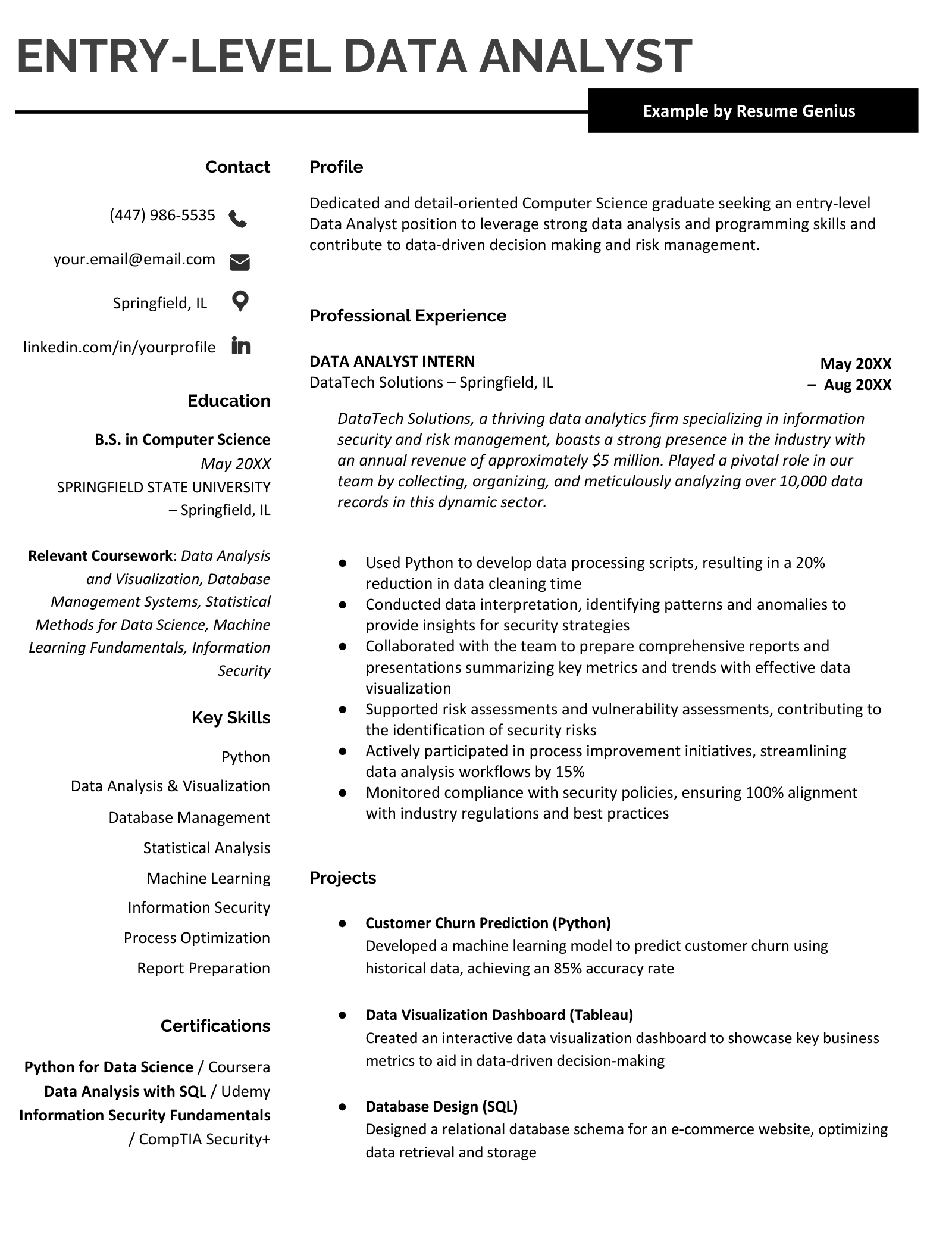 Example of an entry-level data analyst resume using a two-column resume to showcase the candidate's academic achievements, certifications, internship experience, and projects.