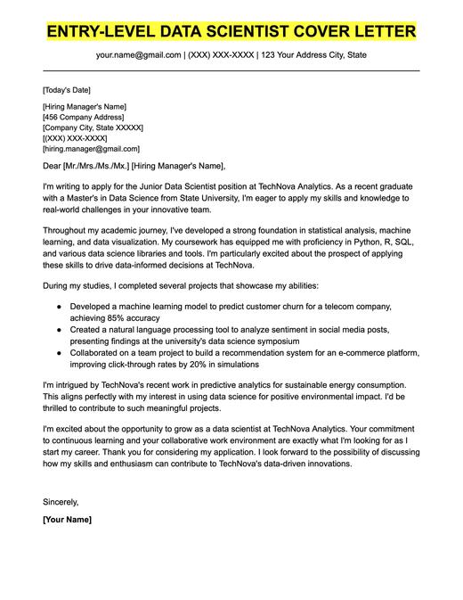 An example cover letter for an entry-level data scientist.
