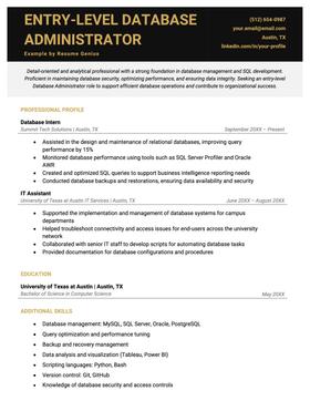 An example of a resume for an entry-level database administrator position.