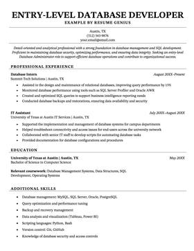 An example of a resume for an entry-level database developer resume.