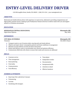 An entry-level delivery driver resume example.