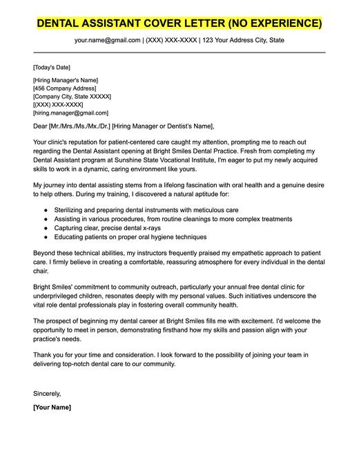 An example cover letter for an entry-level dental assistant role.