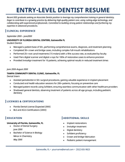 An entry-level dentist resume using a blue template.