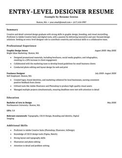 An example resume for an entry-level designer.