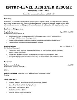 An example resume for an entry-level designer.