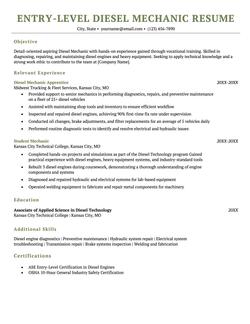 An example of a resume for an entry level diesel mechanic position.