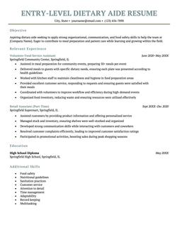 An example of a resume for an entry-level dietary aide position.