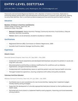 Example of an entry-level dietitian resume from a candidate with no experience