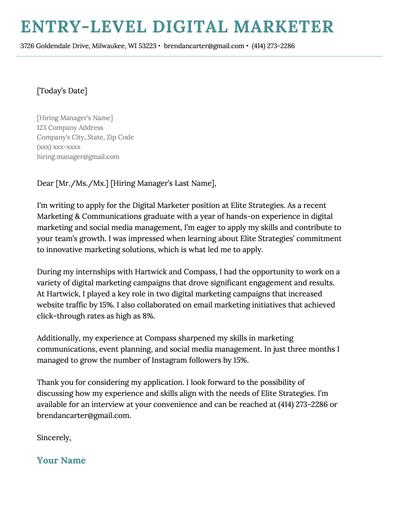 An entry-level digital marketing cover letter using a template with a turquoise header.