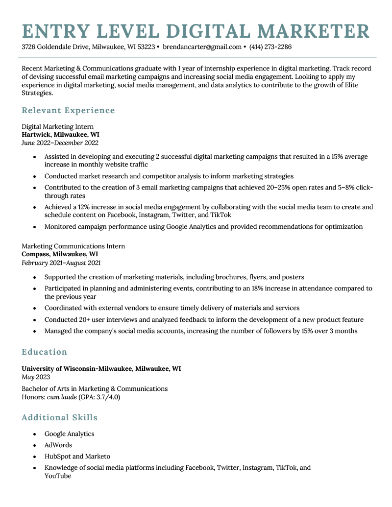 An entry level digital marketing resume example using a turquoise template.