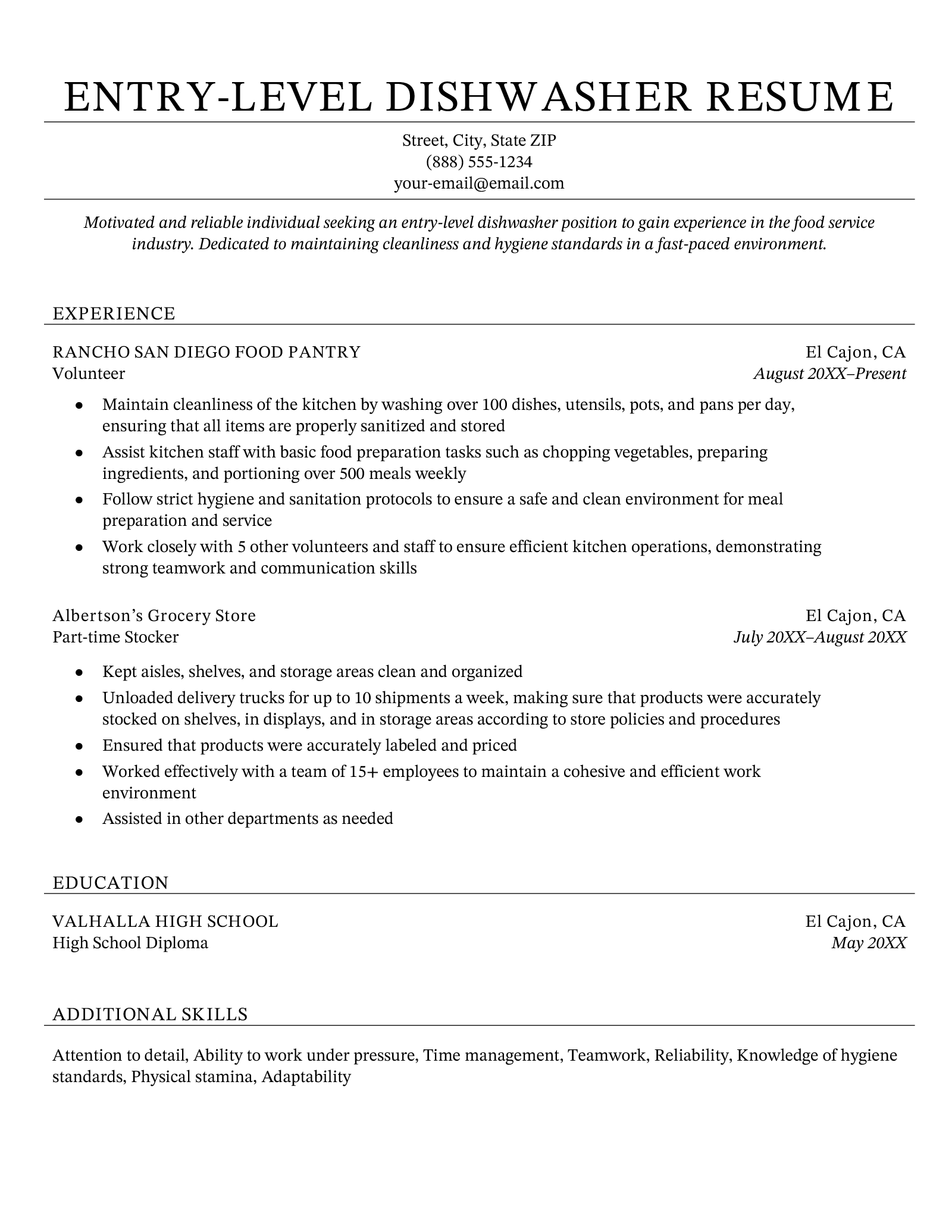 An entry-level dishwasher resume.