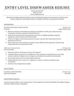 An example of a resume for a dishwasher position for an applicant with no experience.