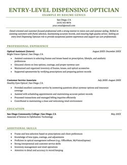 An example of a resume for an entry-level dispensing optician position.