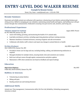 An example of a resume for a dog walker with no experience.