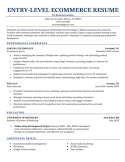An example of a resume for an entry-level ecommerce position.