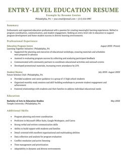 An example entry-level education resume.