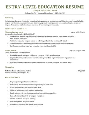 An example entry-level education resume.
