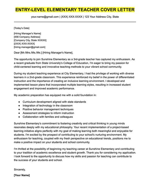 An example cover letter for an entry-level elementary school teaching position.