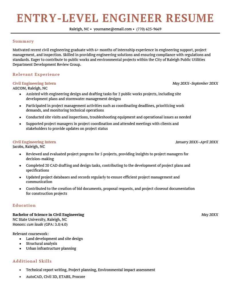 An entry-level engineer resume for a recent civil engineering graduate using a coral colored resume template.