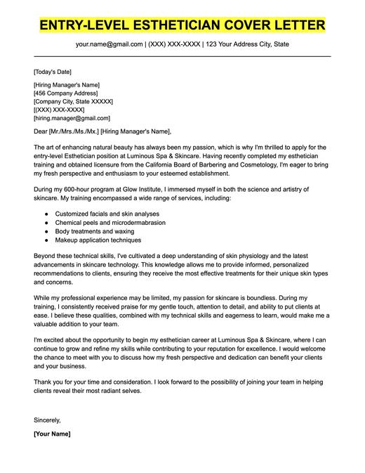 An example cover letter for an entry-level esthetician.