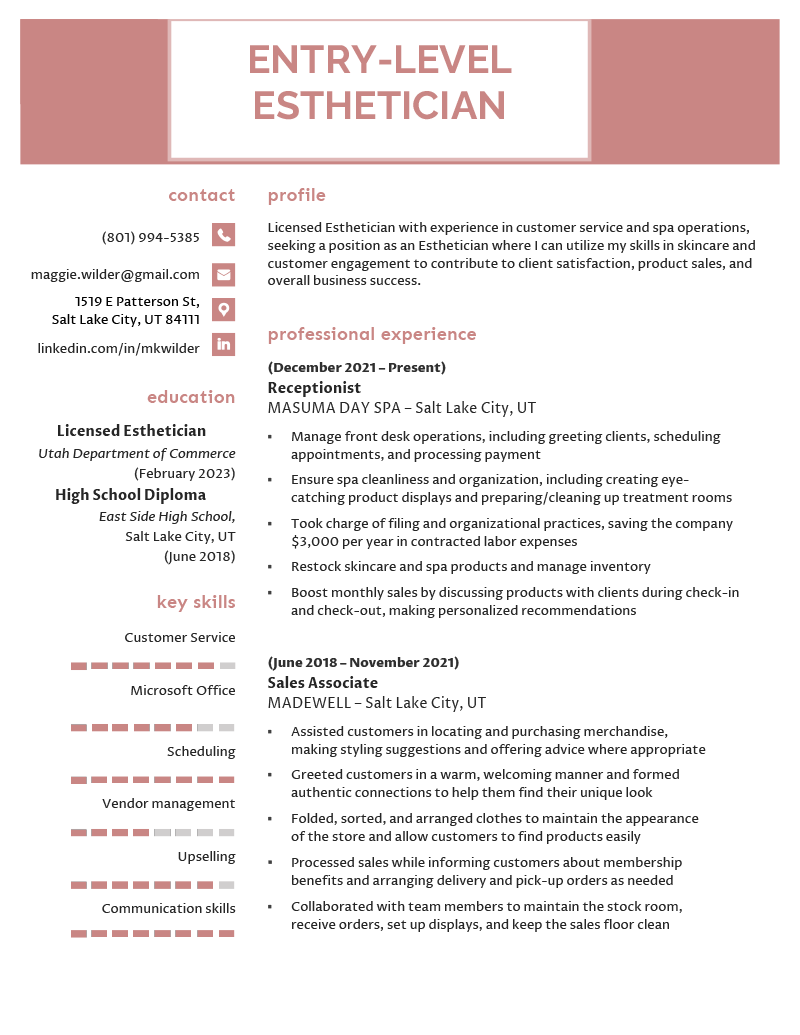 An example of an entry-level esthetician resume on a professional template with pink accents in the headers, skill bars, and contact information icons.