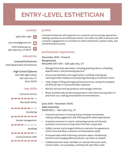 An example of an entry-level esthetician resume on a professional template with pink accents in the headers, skill bars, and contact information icons.