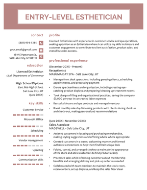 An example of an entry-level esthetician resume on a professional template with pink accents in the headers, skill bars, and contact information icons.