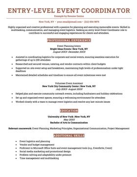 An example of a resume for an entry-level event coordinator job.