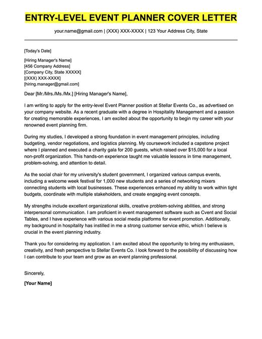 An example cover letter for an entry-level event planning position.