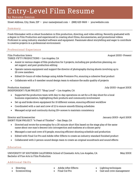 An example resume for an entry-level film job