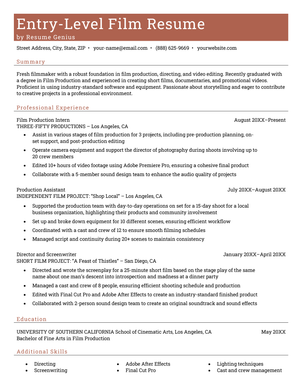 An example resume for an entry-level film job