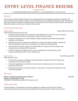 An entry-level finance resume example.