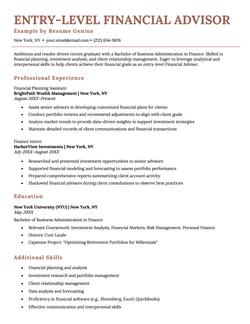 An example of a resume for an entry-level financial advisor position