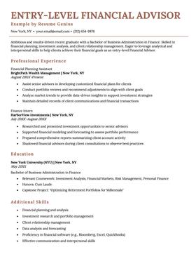 An example of a resume for an entry-level financial advisor position