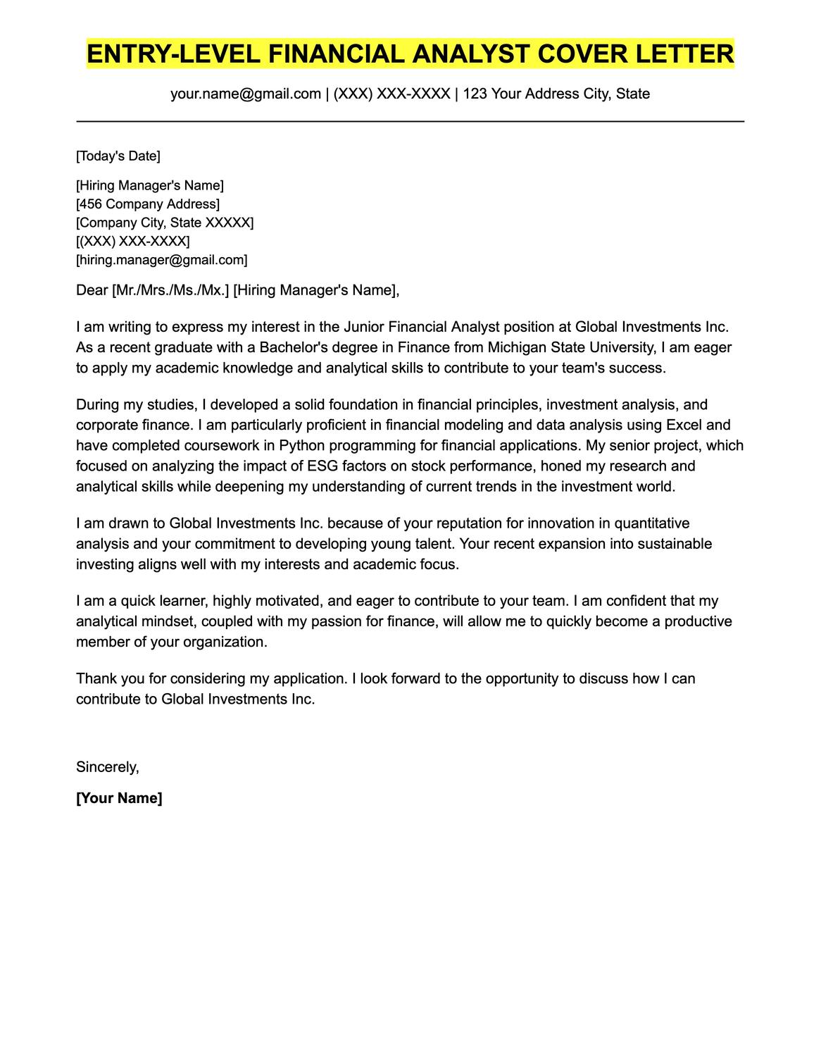 An example cover letter for an entry-level financial analyst position.