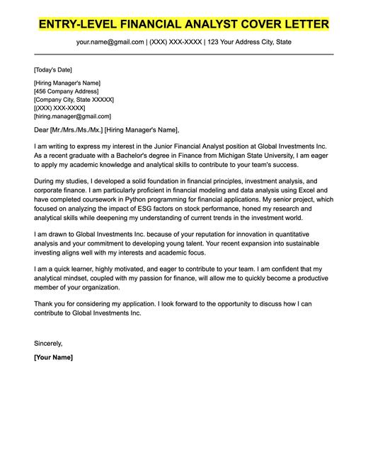 An example cover letter for an entry-level financial analyst position.