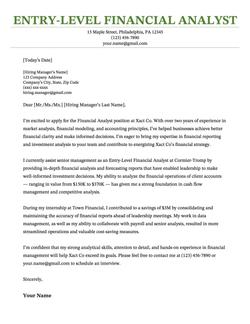 An entry-level financial analyst cover letter using a template with a green header.